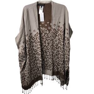 Colleen Lopez NWT Women's Reversible Ruana Leopard Print Kimono Fringe M/L